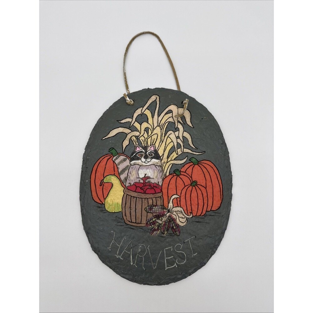 Hand Painted Harvest Engraved Fall Wall Hanging Raccoon Pumpkins Apples